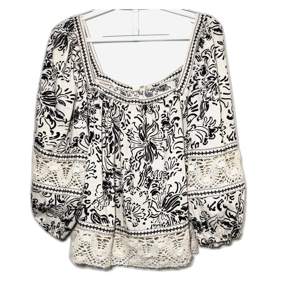 Christian Siriano New York XL Linen Rayon Boho Crochet Lace Floral Peasant Top